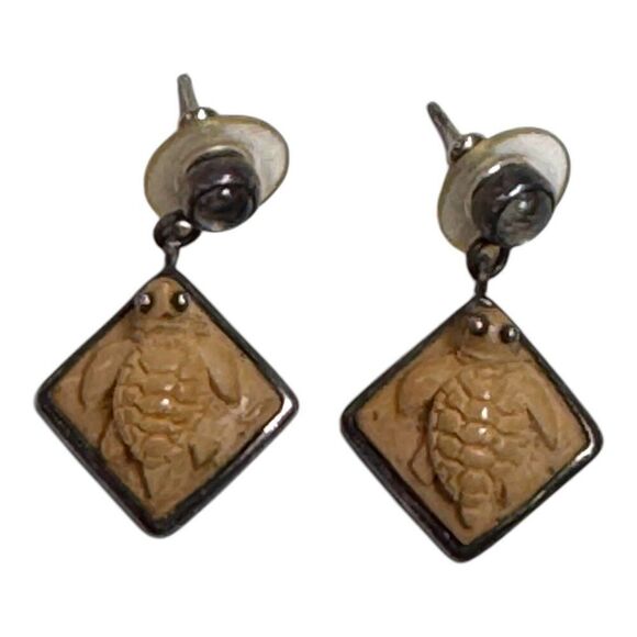 Vintage Zealandia 925 Sterling Silver Sea Turtle Dangle Earring Resin Inlay Post - Picture 3 of 6